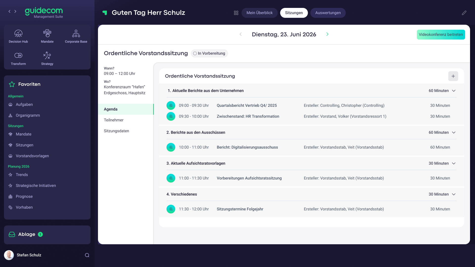 Sitzungsmanagement Decision Hub Screen